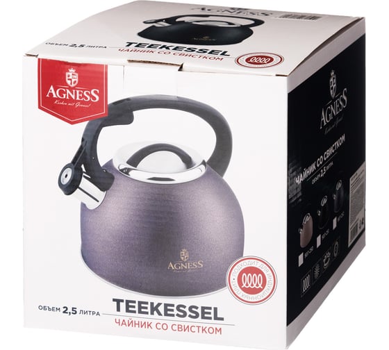 Чайник Agness со свистком 2.5 л, black, индукционное дно 907-251