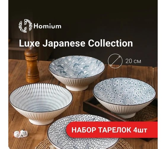 Набор тарелок Homium Japanese Collection, Очарование, глубокие, 4 шт, цвет белый/синий, диаметр 20 см 371594-5-8