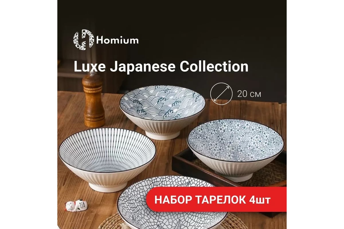 Набор тарелок Homium Japanese Collection, Очарование, глубокие, 4 шт, цвет  белый/синий, диаметр 20 см 371594-1-4 - выгодная цена, отзывы,  характеристики, фото - купить в Москве и РФ