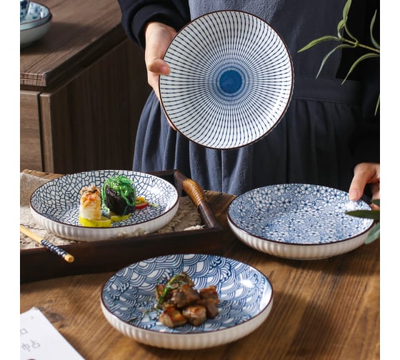 Набор тарелок Homium Japanese Collection, Очарование, 4 шт, цвет белый/синий, диаметр 20 см 371594-9-12