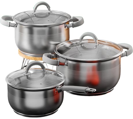 Набор кастрюль AQRA из нержавеющей стали с силиконовыми ручками, серые, для всех видов плит, с крышками PT2-2GR