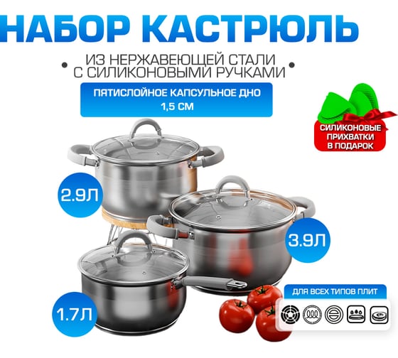 Набор кастрюль AQRA из нержавеющей стали с силиконовыми ручками, серые, для всех видов плит, с крышками PT2-2GR