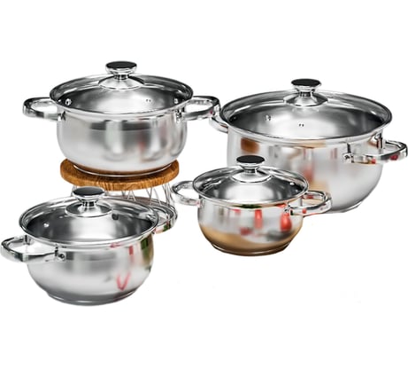 Набор кастрюль AQRA из нержавеющей стали - 8 предметов, 4 кастрюли, для всех видов плит, с крышками PT1-3