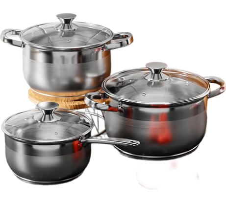 Набор кастрюль AQRA из нержавеющей стали 6 предметов с ковшиком, для всех видов плит, с крышками PT1-4