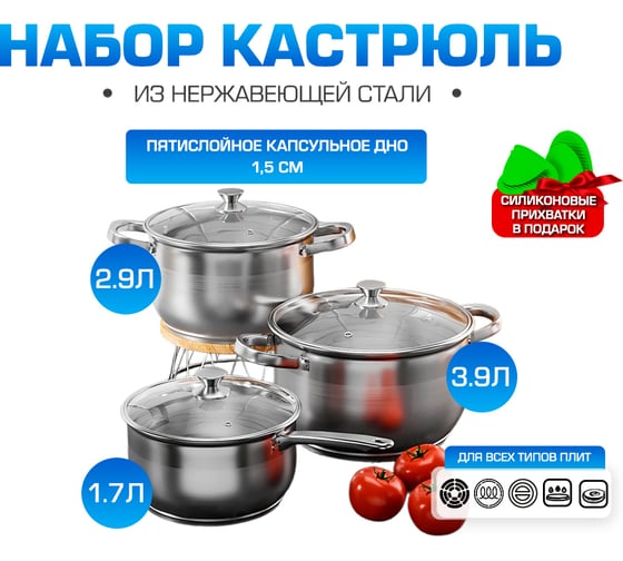 Набор кастрюль AQRA из нержавеющей стали 6 предметов с ковшиком, для всех видов плит, с крышками PT1-4