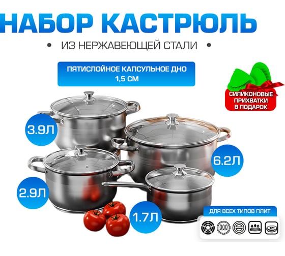 Набор кастрюль AQRA из нержавеющей стали 8 предметов с ковшиком, для всех видов плит, с крышками PT1-5