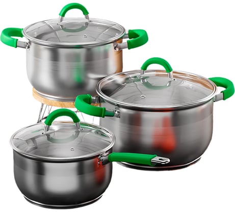 Набор кастрюль AQRA из нержавеющей стали с силиконовыми ручками, зеленые PT2-3GN