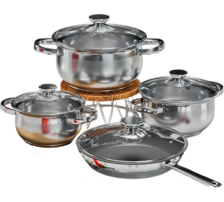 Набор кастрюль AQRA из нержавеющей стали со сковородой с антипригарным покрытием - 8 предметов, для всех видов плит, с крышками PT1-2