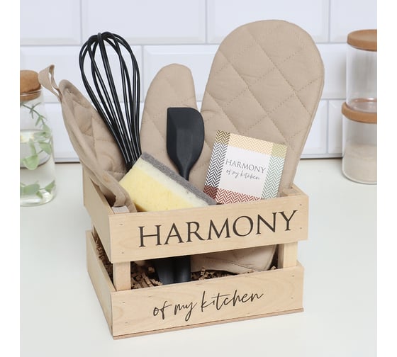 Подарочный набор Этель Harmony варежка-прихватка, прихватка, кухонная лопатка, венчик, губка 10112464 1