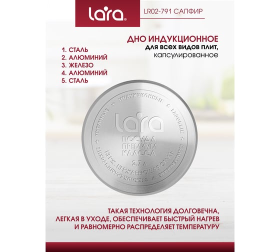 Кастрюля Lara нерж. САПФИР 18x10см 2.7л, индукц. дно, крышка стекло силикон, слив.3 6мм LR02-791