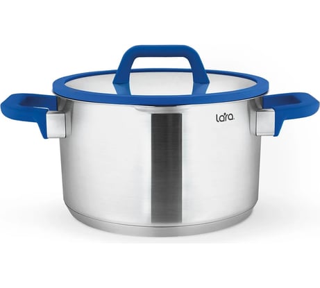 Кастрюля Lara нерж. САПФИР 20x10,5см 3.5л, индукц. дно, крышка стекло силикон, слив.3 6мм LR02-792