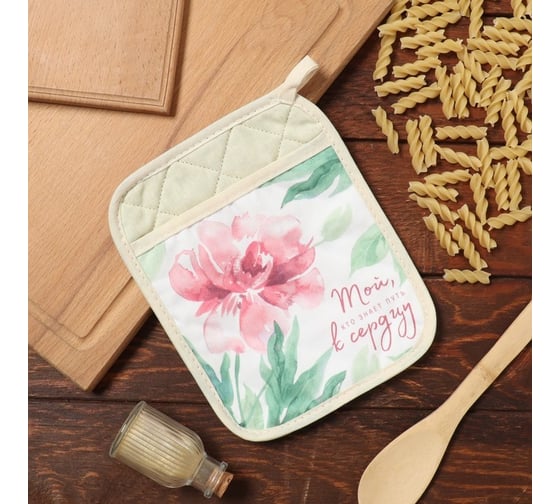 Прихватка-кармашек Этель "Пионы" 21x17см, 100% хл, ватин 250г/м2 10379848 1