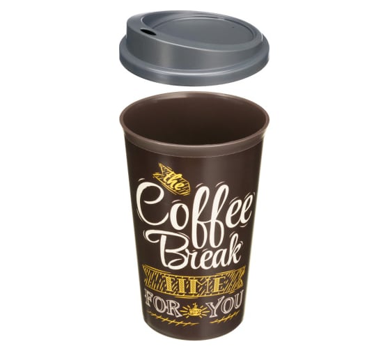 Стакан для горячих и холодных напитков с крышкой и декором Phibo "COFFE" 400 мл, Коричневый 435239414