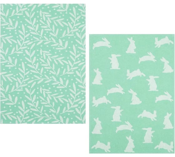 Набор полотенец Этель Hares & leaves 40x60 см 2 шт, цвет зеленый, 100% хлопок 9085209 1