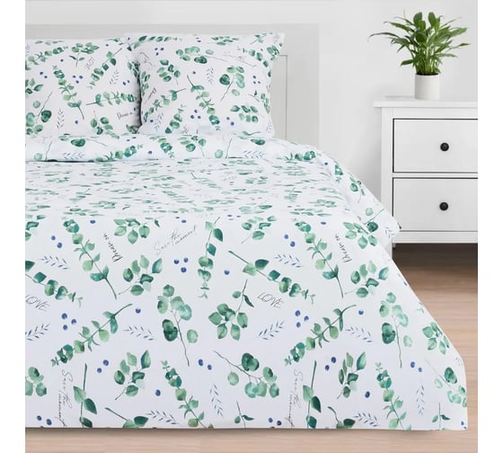 Комплект постельного белья Этель Eucalyptus евро, 200х217 см, 220х240 см, 70х70 см -2 шт., поплин 125 г/м2 4746230 1