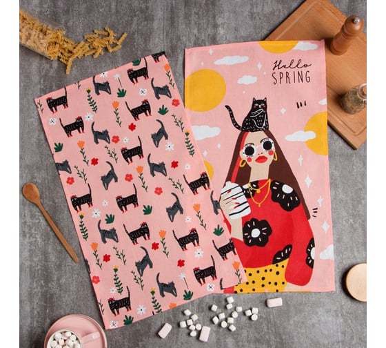 Набор кухонных полотенец Доляна Hello spring 35x60см-2шт, 100% хл 7516048 1