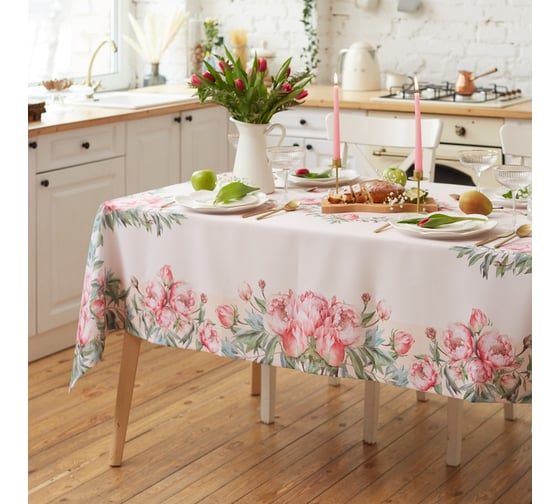 Скатерть Доляна Рeonies flowers 145х215 +/- 3 см, 100% п/э 10343571