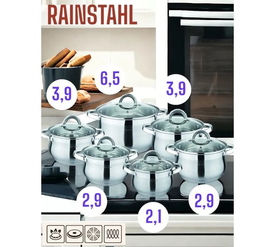 Посуда Rainstahl RS\CW 1217-12 12 предметов 2.1 л, 2.9 л., 2.9 л, 3.9 л, 3.9 л, 6.5 л 5-ти шаговое дно х2 1217-12RS\CW