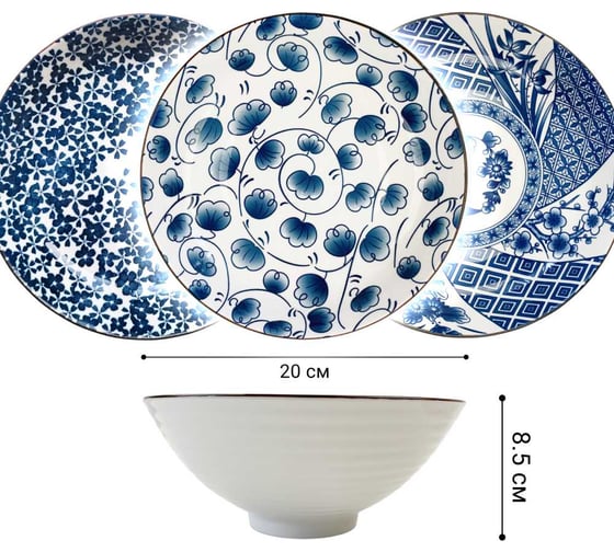 Набор тарелок Homium Japanese Collection, Очарование, глубокие, 6шт, цвет белый/синий, D20см 371594-6p-23-25-29 1