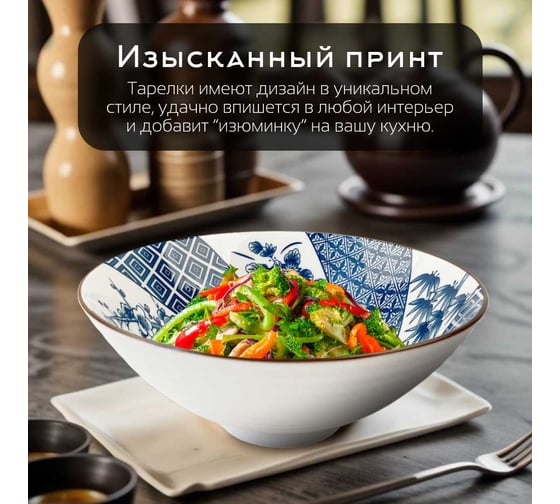 Набор тарелок Homium Japanese Collection, Очарование, глубокие, 6шт, цвет белый/синий, D20см 371594-6p-23-25-29