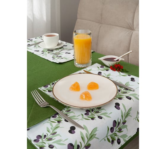 Набор кухонный Guten Morgen рогожка, Зеленый, скатерть + подставки, Маслины 110x140 см , 35x45 см 4 шт С6П-ЗелМас-110-35