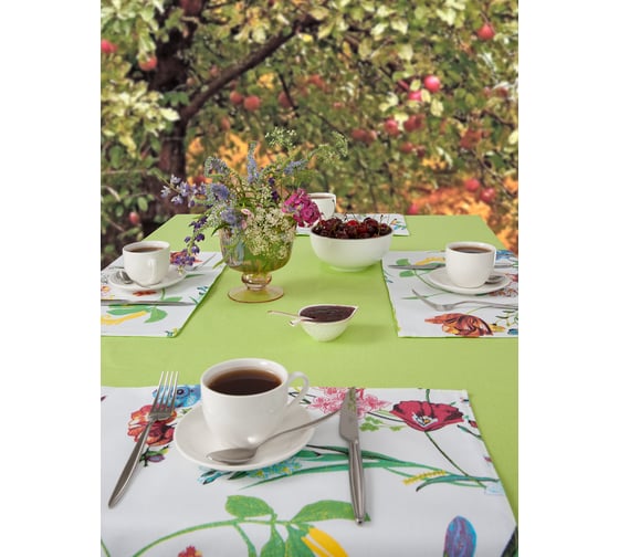 Набор кухонный Guten Morgen рогожка, Салатовый, скатерть + подставки, цветы 110x140 см , 35x45 см 4 шт С6П-СалЦв-110-35