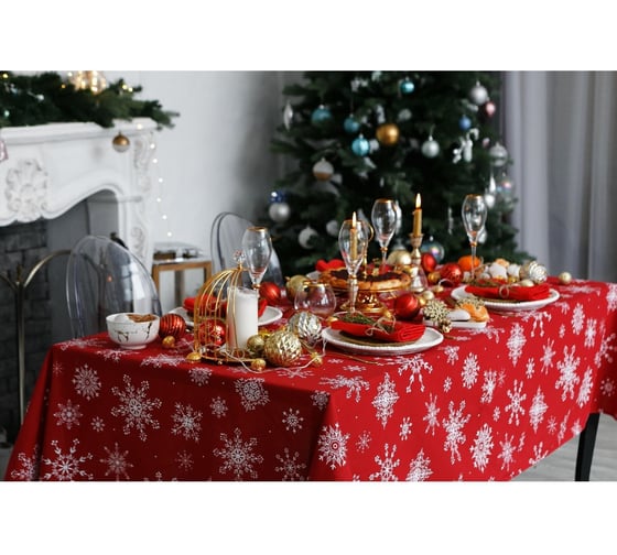 Скатерть Доляна Белые снежинки 250x149+/- 3 см, 100% хлопок, 164 г/кв.м 5135292