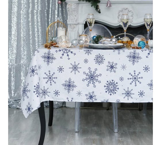 Скатерть Доляна Синие снежинки 220x146 +/- 3 см, 100% хлопок, 164 г/кв.м 4478736 1