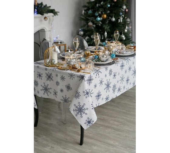 Скатерть Доляна Синие снежинки 220x146 +/- 3 см, 100% хлопок, 164 г/кв.м 4478736