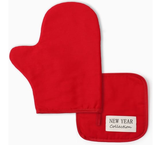 Набор кухонный Этель New year collection,цв.красный, варежка-прихватка 18x29 см, прихватка 19x19 см, 10472179
