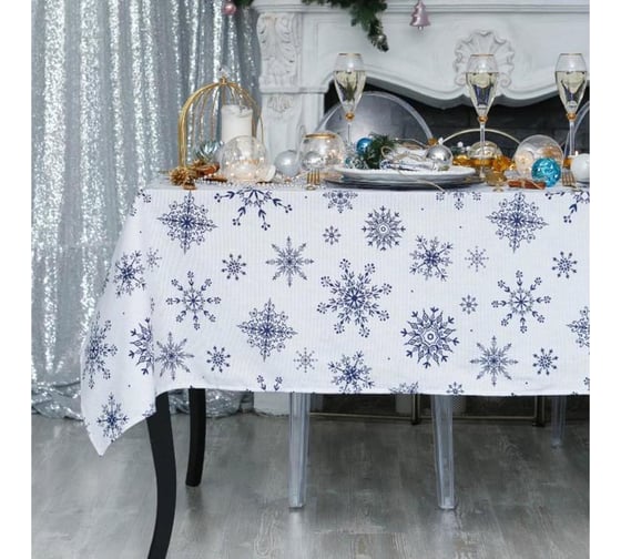 Скатерть Доляна Синие снежинки 180x146 +/- 3 см, 100% хлопок, 164 г/м2 4478737