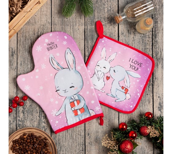 Набор кухонный Этель "Hello winter" варежка-прихватка 20x28 см, прихватка 19x19 см, 100% хлопок 7624242