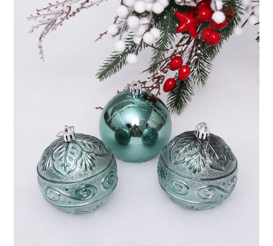 Новогодние шары Серпантин 8 см набор 3 шт микс фактур, темный нефрит 201-1761 1
