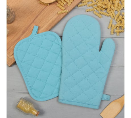 Кухонный набор Этель бирюза: варежка-прихватка 18x30 см, прихватка 18x21 см 9548895