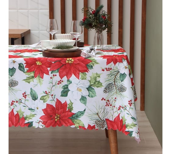 Скатерть Доляна Рождественские цветы 145x260 см, 100% п/э 9580623 1