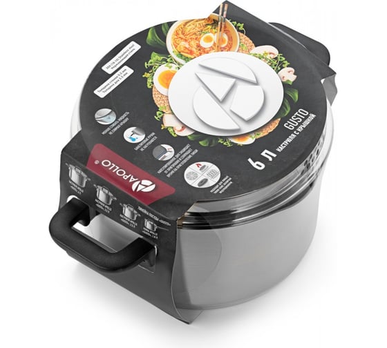 Кастрюля APOLLO Gusto из нержавеющей стали со стеклянной крышкой 6 литров GST-60