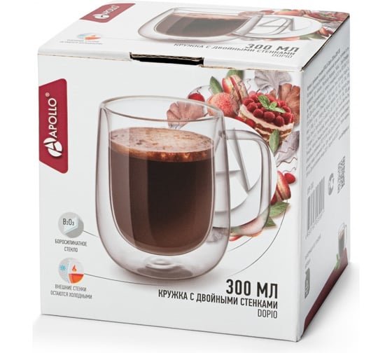 Кружка стеклянная APOLLO Dopio 300 мл с двойными стенками, чашка с двойным дном DOP-300