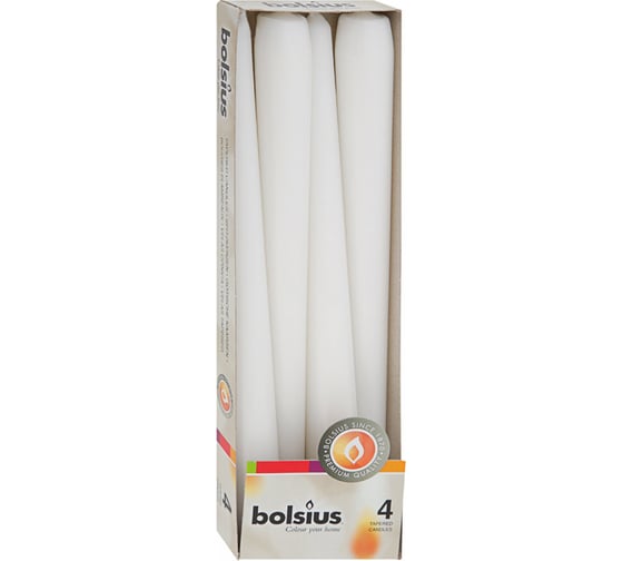 Конусные свечи Bolsius коробка 4 шт 245х24 мм БЕЛЫЕ 103600350902