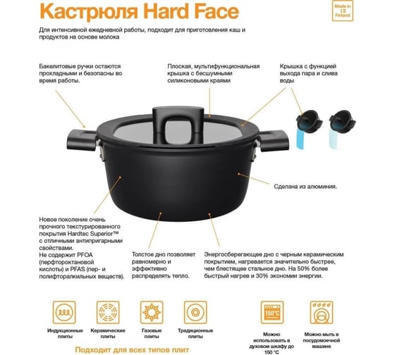 Кастрюля FISKARS 5 л/26 см, c крышкой, Hard Face 1052228