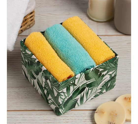 Набор декоративных махровых салфеток Этель "Тропики" желтый, голубой, 30x30 см, 340гр/м2, 100% хлопок, 3 шт. 9371084 1