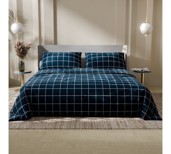 КПБ Этель евро "Клетка" цв. синий 200x215, 220x240, 50x70-2 шт, бязь, 125 г/м2 9355730 1