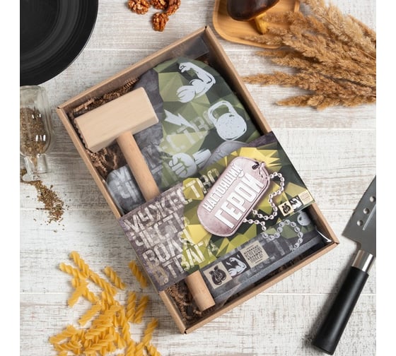 Кухонный набор Доляна "Настоящий герой", варежка-прихватка 20x28см, молоток деревянный 4654921 1