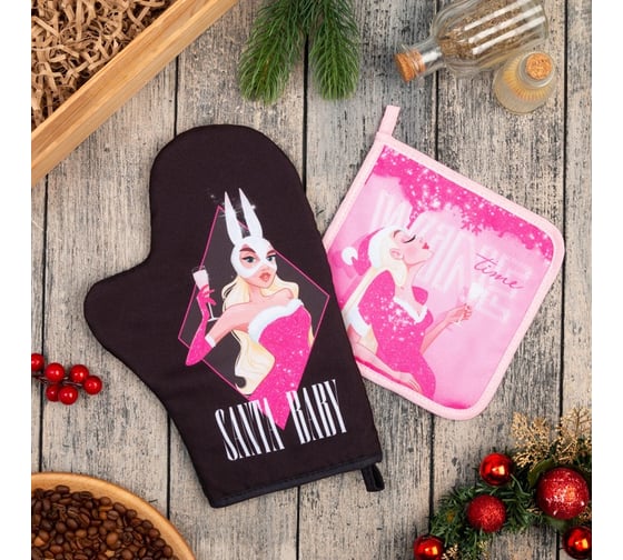 Кухонный набор Доляна "Santa baby" варежка-прихватка 20x28 см, прихватка 17x17 см, 35% хлопок, 65% полиэстер 7624284 1