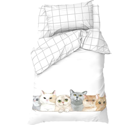Комплект постельного белья Этель 1,5 сп Happy cats 143x215 см, 150x214 см, 50x70 см -1 шт, 100 % хлопокопок, бязь 7582933 1