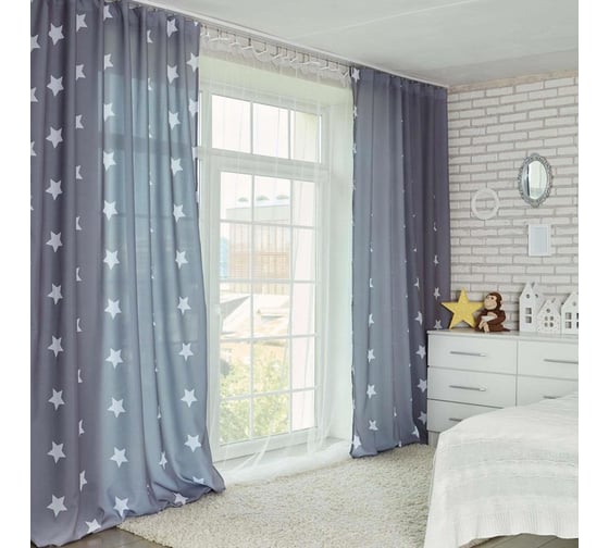 Комплект штор Этель Grey stars 145x260 см-2 шт, 100% полиэстер, 140 г/м2 5181444 1