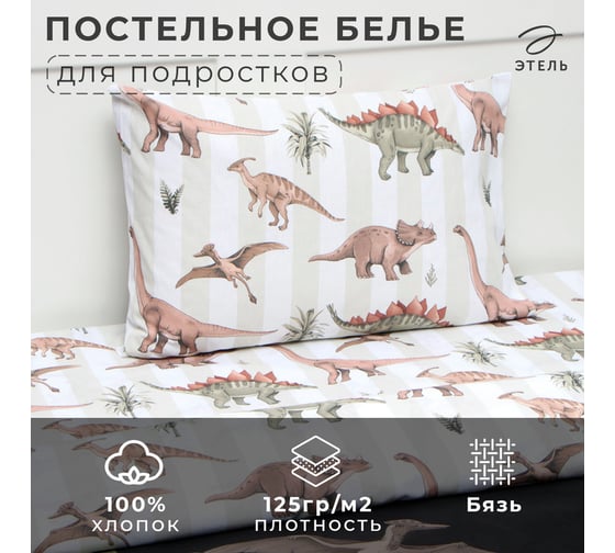 Комплект постельного белья Этель 1,5 сп Юрский период 143x215 см, 150x214 см, 50x70 см -1 шт, 100% хлопок, бязь 9935047