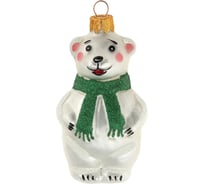 Елочная новогодняя игрушка КОЛОМЕЕВ Мишутка в зеленом шарфе, высота 9 см, из стекла в подарочной упаковке УТ-00002981