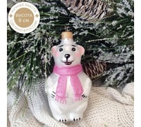 Елочная новогодняя игрушка КОЛОМЕЕВ Мишутка в розовом шарфе, высота 9 см, из стекла в подарочной упаковке УТ-00002980