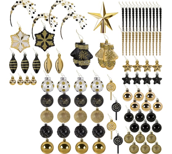 Шары новогодние елочные Золотая сказка "Black and Gold" набор 130 предметов, черный/золото, пластик, 592183