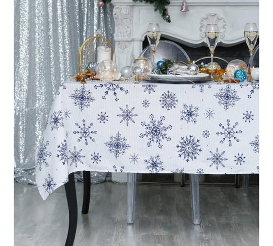 Скатерть Доляна Синие снежинки 110x146+/- 3 см, 100% хлопок, 164 г/кв.м 4478738 1